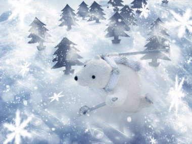 sihirli Noel orman kış tebrik kartı ile kar arka plan üzerinde beyaz ayı