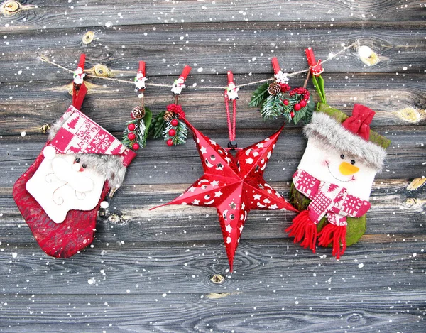 Fondo Navidad Decoración Con Ramas Abeto Nieve Tablero Madera Vieja — Foto de Stock