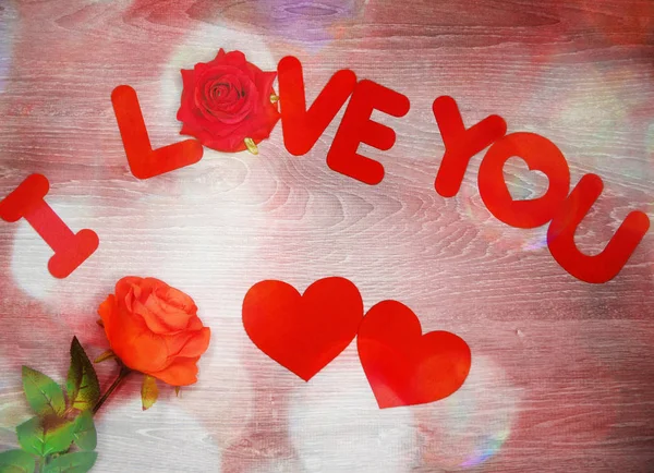 Cartão Saudação Amor Dia Dos Namorados Com Corações Flores Rosa — Fotografia de Stock