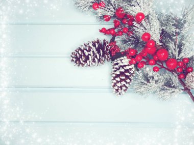 Noel arka plan köknar ağacı dalı koniler ve ahşap mavi Yönetim Kurulu kar