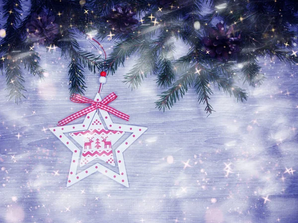 Kerstmis Achtergrond Decoratie Met Spar Takken Garland Lichten Oude Houten — Stockfoto