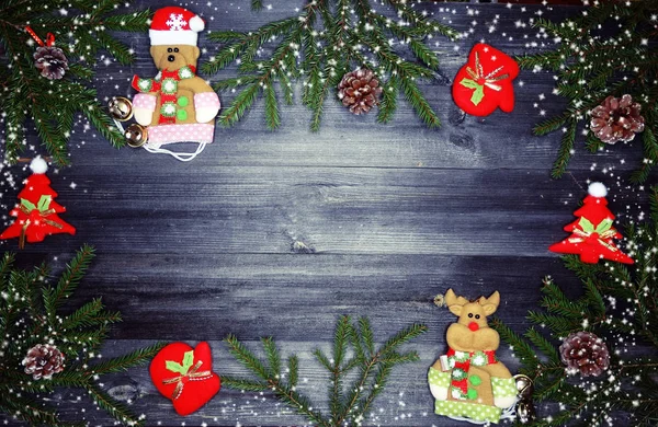 Weihnachten Hintergrund Und Dekoration Mit Tannenzweigen Schnee Girlanden Lichter Auf — Stockfoto
