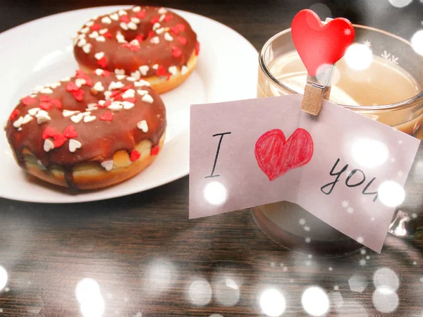 Amour Saint Valentin Beignets Chocolat Avec Des Cœurs Carte Vœux — Photo