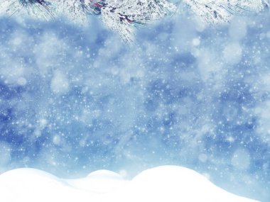 Kış Noel arkaplanında kar köknar dalları donmuş dutlar