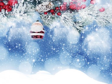 Kış Noel arkaplanında kar köknar dalları donmuş dutlar