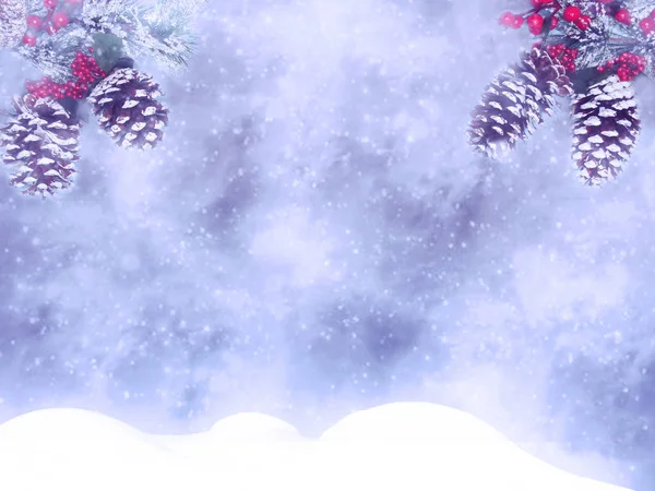 Winter Weihnachten Hintergrund Mit Schnee Tanne Zweige Tannenzapfen Gefrorene Beeren — Stockfoto