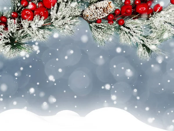 Winter Kerst Achtergrond Met Sneeuw Sparren Takken Kegels Bevroren Bessen — Stockfoto