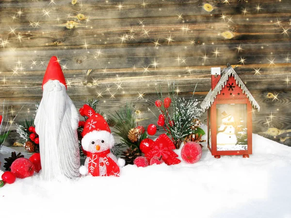 Tarjeta Felicitación Navidad Invierno Muñeco Nieve Santa Con Nieve Fondo — Foto de Stock