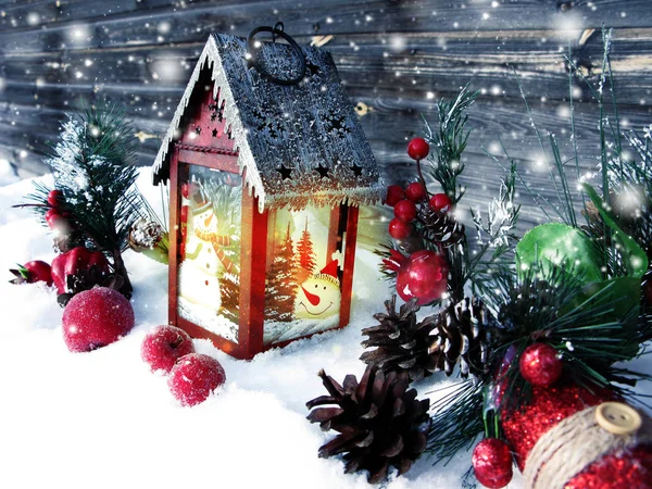 Lanterna Com Luz Acesa Vela Natal Inverno Cartão Saudação Com — Fotografia de Stock