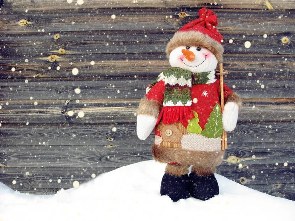 Χαρούμενος Χιονάνθρωπος Χειμώνα Χριστούγεννα Ευχετήρια Κάρτα Χιόνι Στο Φόντο — Φωτογραφία Αρχείου