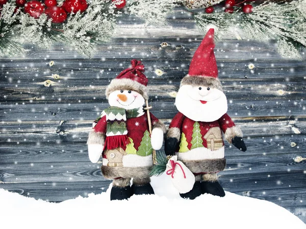 Χριστουγεννιάτικη Κάρτα Happy Santa Χιονάνθρωπος Χειμώνα Χαιρετισμό Χιόνι Στο Παρασκήνιο — Φωτογραφία Αρχείου