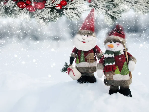 Χριστουγεννιάτικη Κάρτα Happy Santa Χιονάνθρωπος Χειμώνα Χαιρετισμό Χιόνι Στο Παρασκήνιο — Φωτογραφία Αρχείου
