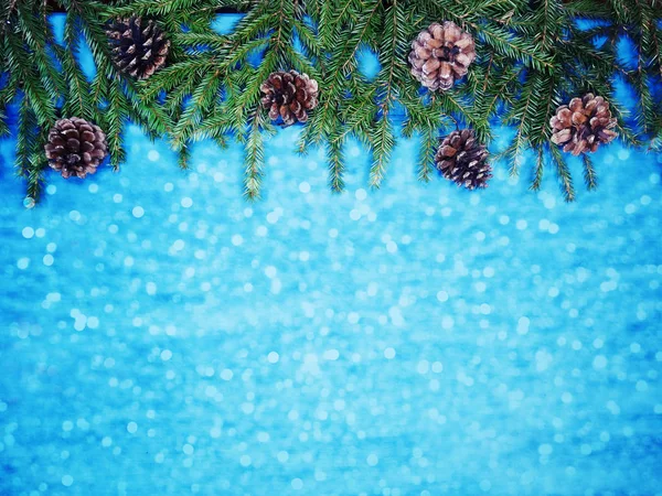 Boże Narodzenie Tło Jodła Gałęzi Drzewa Szyszek Śnieg Desce Niebieski — Zdjęcie stockowe