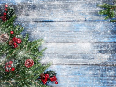 Noel arka plan köknar ağacı dalı koniler ve ahşap mavi Yönetim Kurulu kar