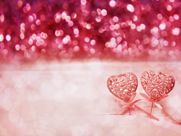 Valentijnsdag Liefde Met Hartjes Bokeh Vervaagt Glanzende Achtergrond Wenskaart — Stockfoto