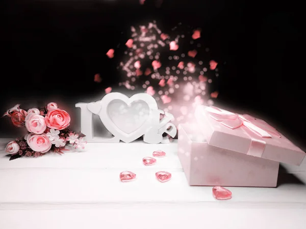 Amor Día San Valentín Caja Regalo Con Corazones Levantó Sobre — Foto de Stock