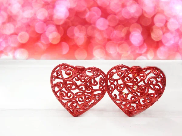 Valentijnsdag Liefde Met Hartjes Bokeh Vervaagt Glanzende Achtergrond Wenskaart — Stockfoto