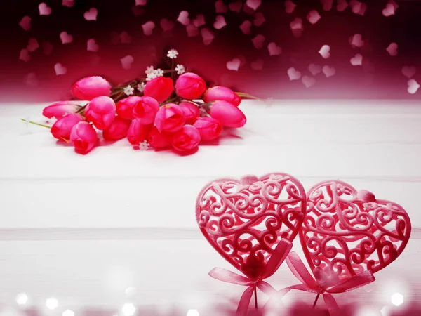 Love Valentine Day Hearts Tulips Flower Background — Stock Photo, Image