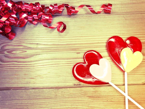 Kalp Kırmızı Lolipop Vintage Ahşap Arka Plan Kavramı Sevgililer Gününde — Stok fotoğraf