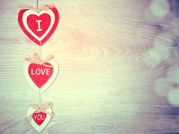 Valentijnsdag Liefde Met Hartjes Bokeh Vervaagt Glanzende Achtergrond Wenskaart — Stockfoto