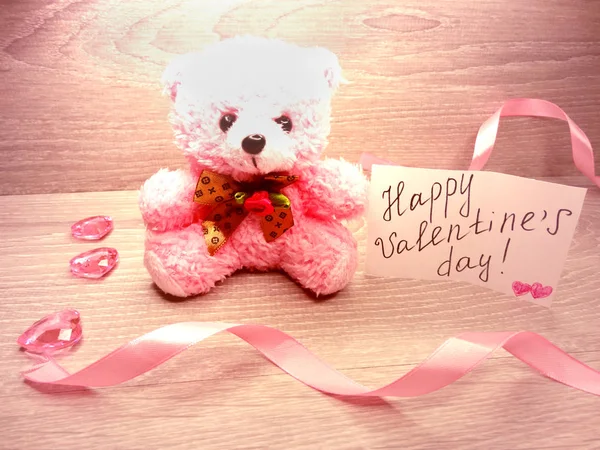 Love Valentine Day Composition Hearts Teddy Bear Wooden Background — стоковое фото