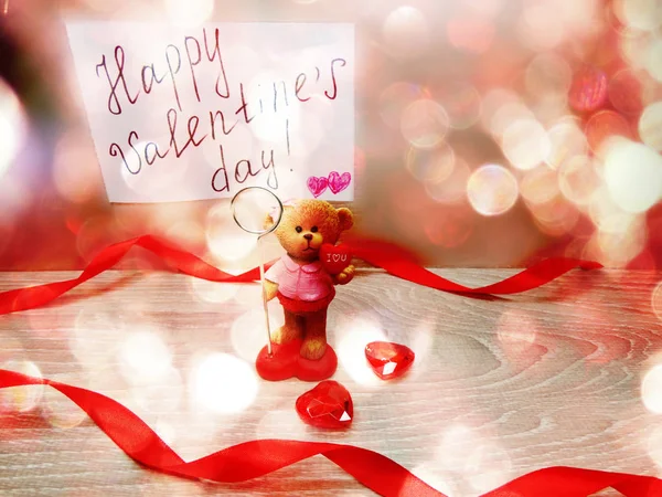 Love Valentine Day Composition Hearts Teddy Bear Wooden Background — стоковое фото