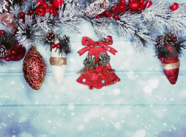 sırt üzerinde koni ve kar ile köknar ağacı şube Noel çan