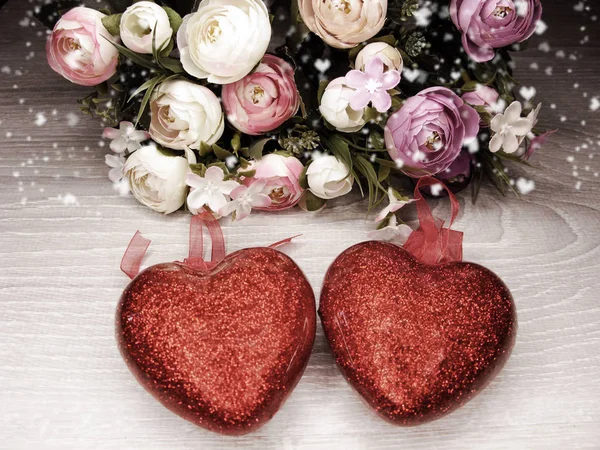 Harten en roze bloemen wenskaart Valentijnsdag liefde holid — Stockfoto