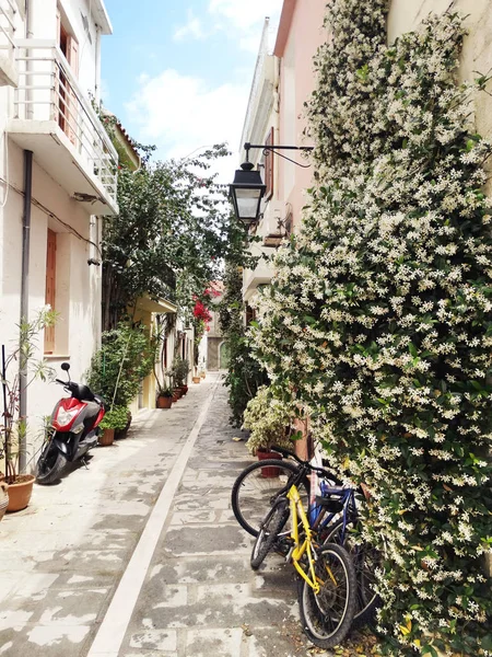 Traditional street with bright bougainvillea in Greece — Stock Photo, Image