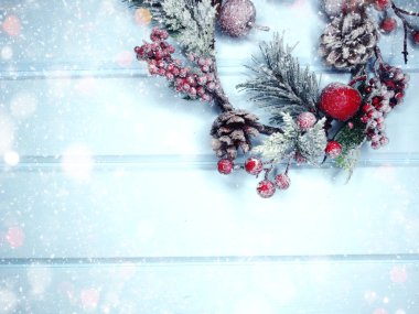 köknar dalları konileri ve kar ile kış arka plan