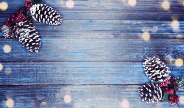 köknar dalları konileri ve kar ile kış arka plan