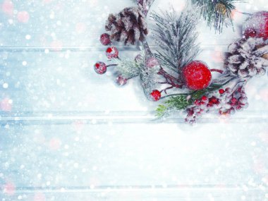 köknar dalları konileri ve kar ile kış arka plan