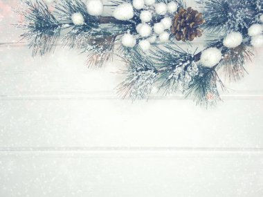 köknar dalları konileri ve kar ile kış arka plan