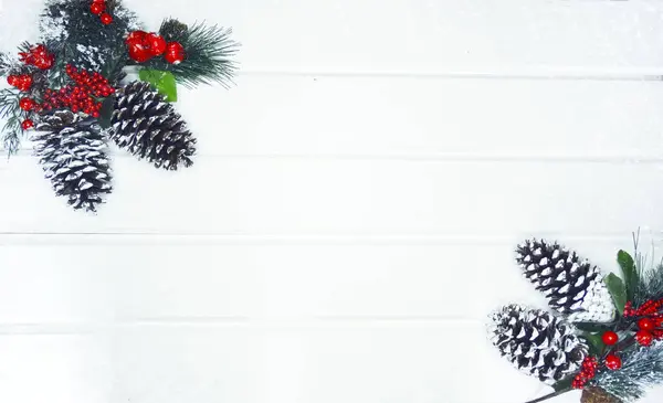 モミの枝コーンと雪と冬の背景 — ストック写真