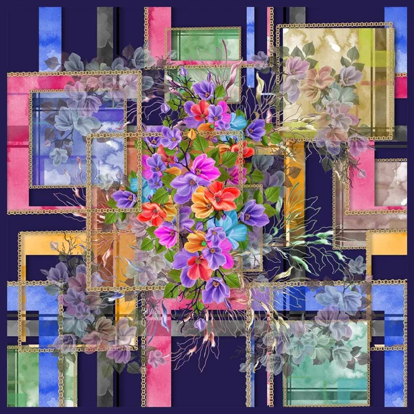 Modern Zijden Sjaal Ontwerp Met Kleurrijke Bloemen — Stockfoto