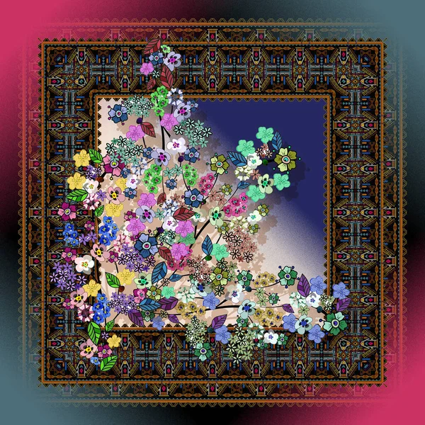 Renkli çiçeklerle modern ipek eşarp tasarımı