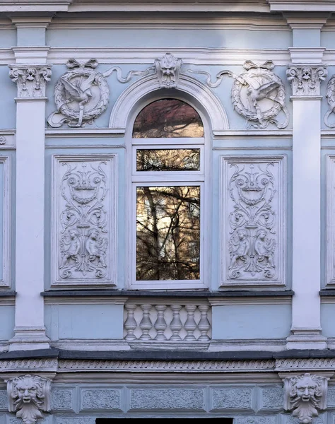 Architectural Details Decoration Blue Vintage Stucco Facade Framing Window Panel — Stock Photo, Image