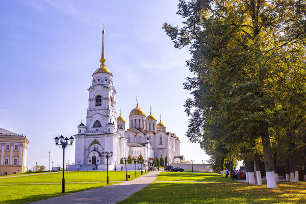 Vladimir, Russia - September 10, 2019: Old Uspensky Cathedral, one of the city sights in sunny autumn day