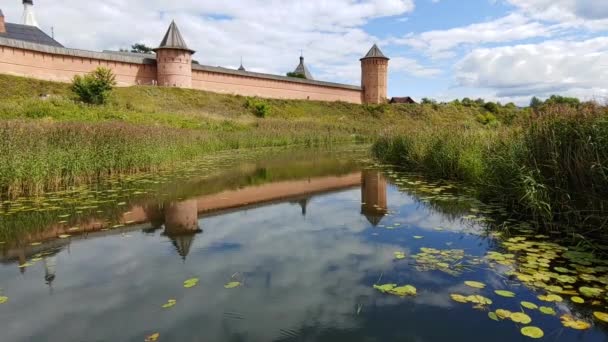 Paesaggio Estivo Fortezza Mattoni Rossi Fiume Blu Cielo Blu Erba — Video Stock