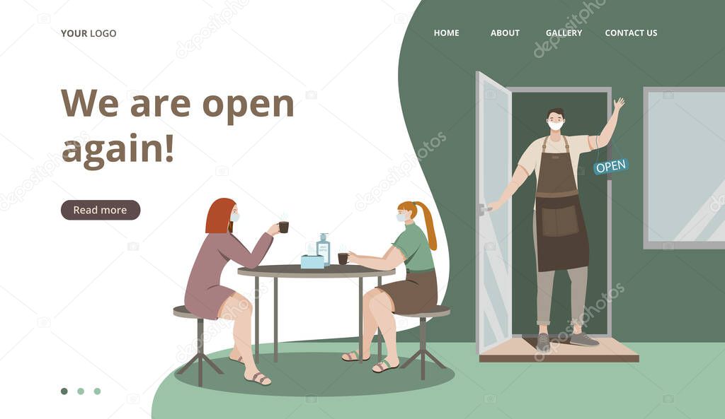 Cafe Vector illustration template for landing,webpage.We are working again after coronavirus.Reopening.Welcome back after pandemic.Open a cafe, shop,store,restaurant,bakery.Small business.Barista. We are open
