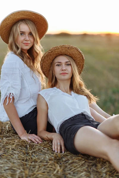 Portrait Deux Filles Dans Les Chapeaux Paille Sur Meule Foin — Photo