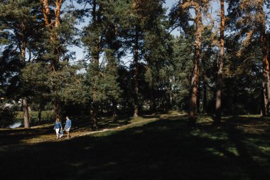 Parkta yürüyen küçük bir çocuk ile aile