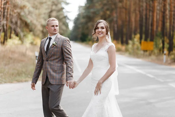 Novio Mirando Novia Sonriente Vestido Novia Weil Mientras Que Pie — Foto de Stock