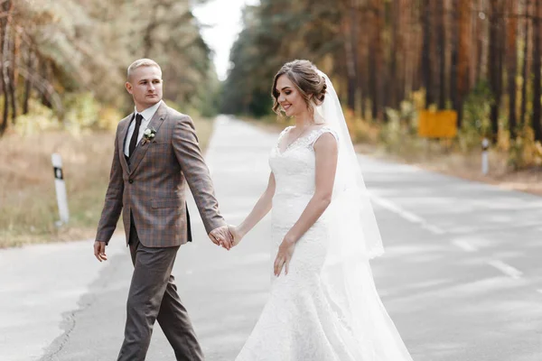 Recién Casados Carretera Bosque Pinos Retrato Novia Novio Fotografía Boda — Foto de Stock