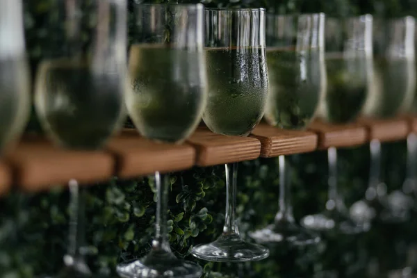 Sklenice Šampaňského Dřevěném Stojanu Alkohol Champagne — Stock fotografie