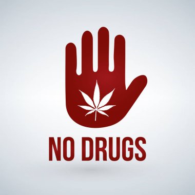 Hiçbir ilaç sembolü. El üzerinde marihuana. Beyaz arka plan üzerinde izole vektör çizim