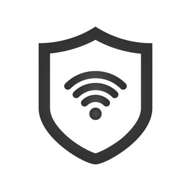Kalkan kutsal kişilerin resmi. WiFi işareti. Vektör çizim. Protectoin işareti. Düz tasarım. Beyaz arka planda gri.