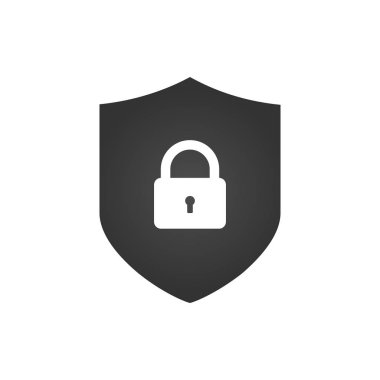 Kalkan ve kilit simgesi. siber güvenlik kavramı. Beyaz arka plan üzerinde izole soyut güvenlik vektör simge tasarlamak.