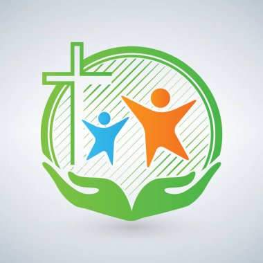 Merhamet veya bakım eller. Hıristiyan logo, kişi, çocuk, kadın. Kollarını açarak ve çapraz. Yardım ve destek Hıristiyan bakım Bakanlığı karşılıklı sembolü. Bakım logo.