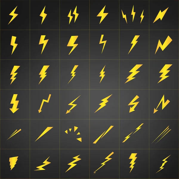 Gula Lightning Vektor Ställa Isolerade Svart Bakgrund Enkel Ikon Storm — Stock vektor